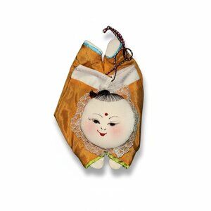 Vintage Oriental Faces Pin Cushion Draw String Bags 5" For Sewing Boy In Gold